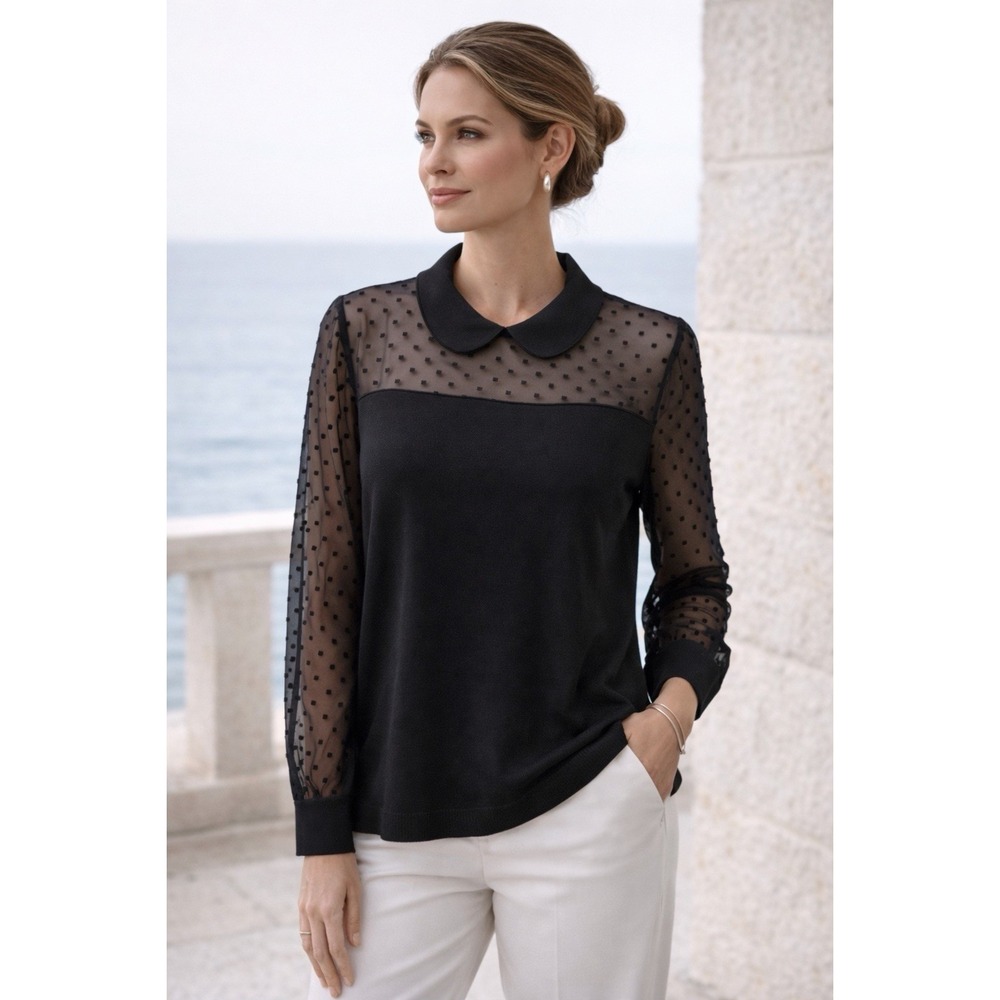 Adrianna Papell Sheer Swiss Dot Bloust Black Peter Pan Color‎ Top Womens Large